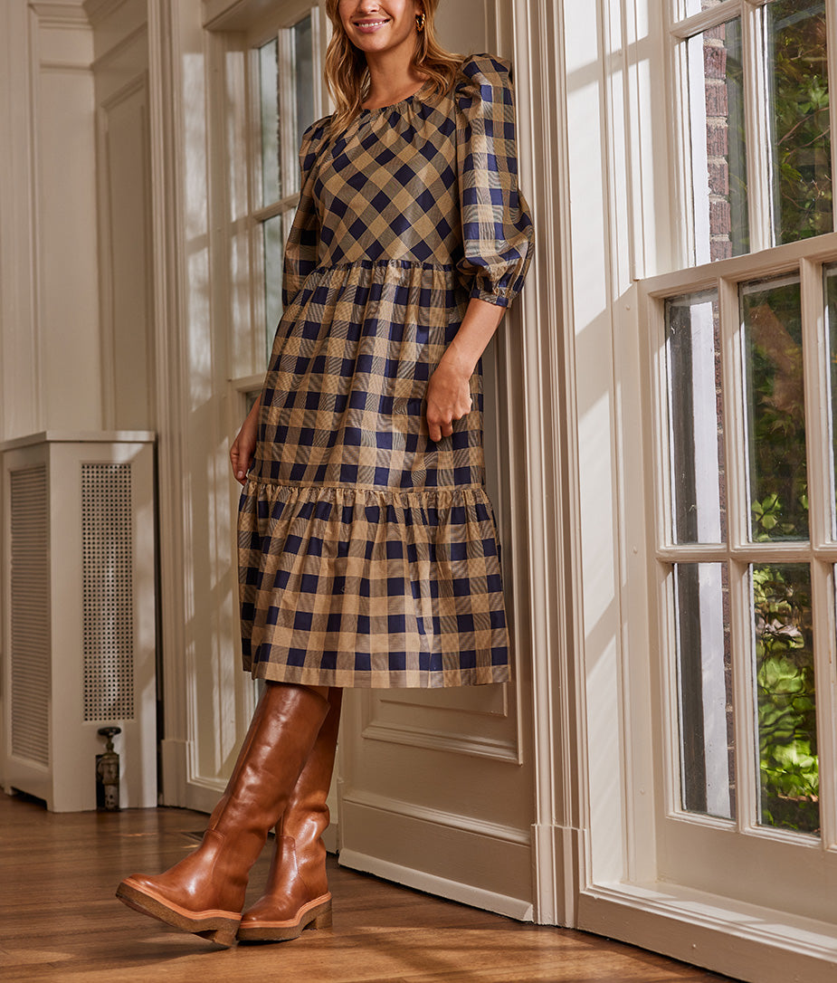 The Tiered Midi Dress - Buffalo Check in Midnight & Toffee