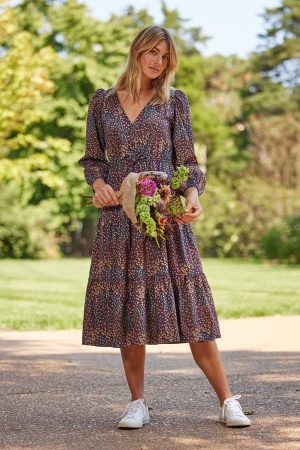 The Countryside Poplin Button Down Midi Dress - Floral Prairie in Chocolate