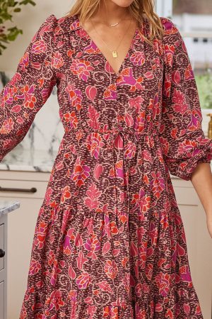 The Countryside Poplin Button Down Midi Dress - Vineyard Blooms in Pinot