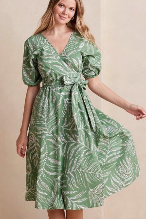 The Coastal Poplin Puff-Sleeve Wrap Midi Dress - Dotted Palms in Seagreen & White Sand