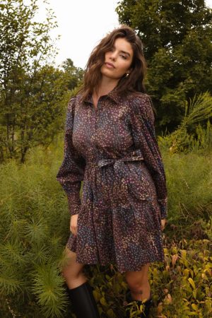 The Countryside Poplin Tiered Shirtdress - Floral Prairie in Chocolate