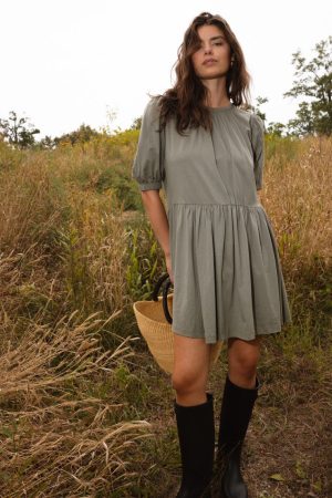 The Luxe Pima Puff-Sleeve Mini Dress - Agave