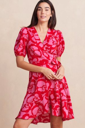The Silky Luxe Puff Sleeve Beach to Brunch Wrap Dress - Pop Floral in Lava